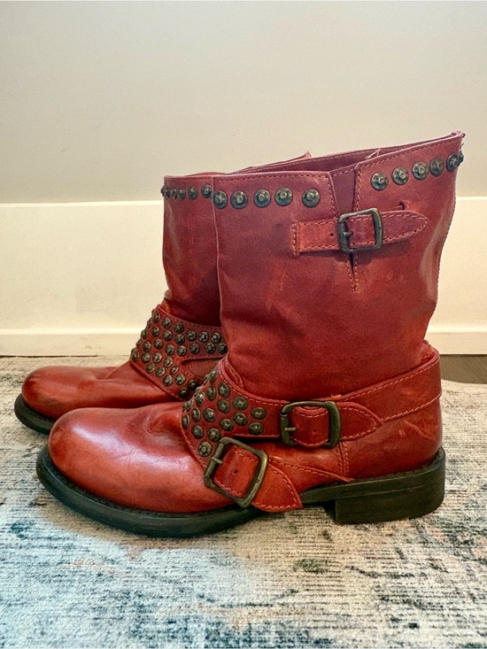 Frye Shoes - Frye Red Leather Studded Buckle Heeled Boots